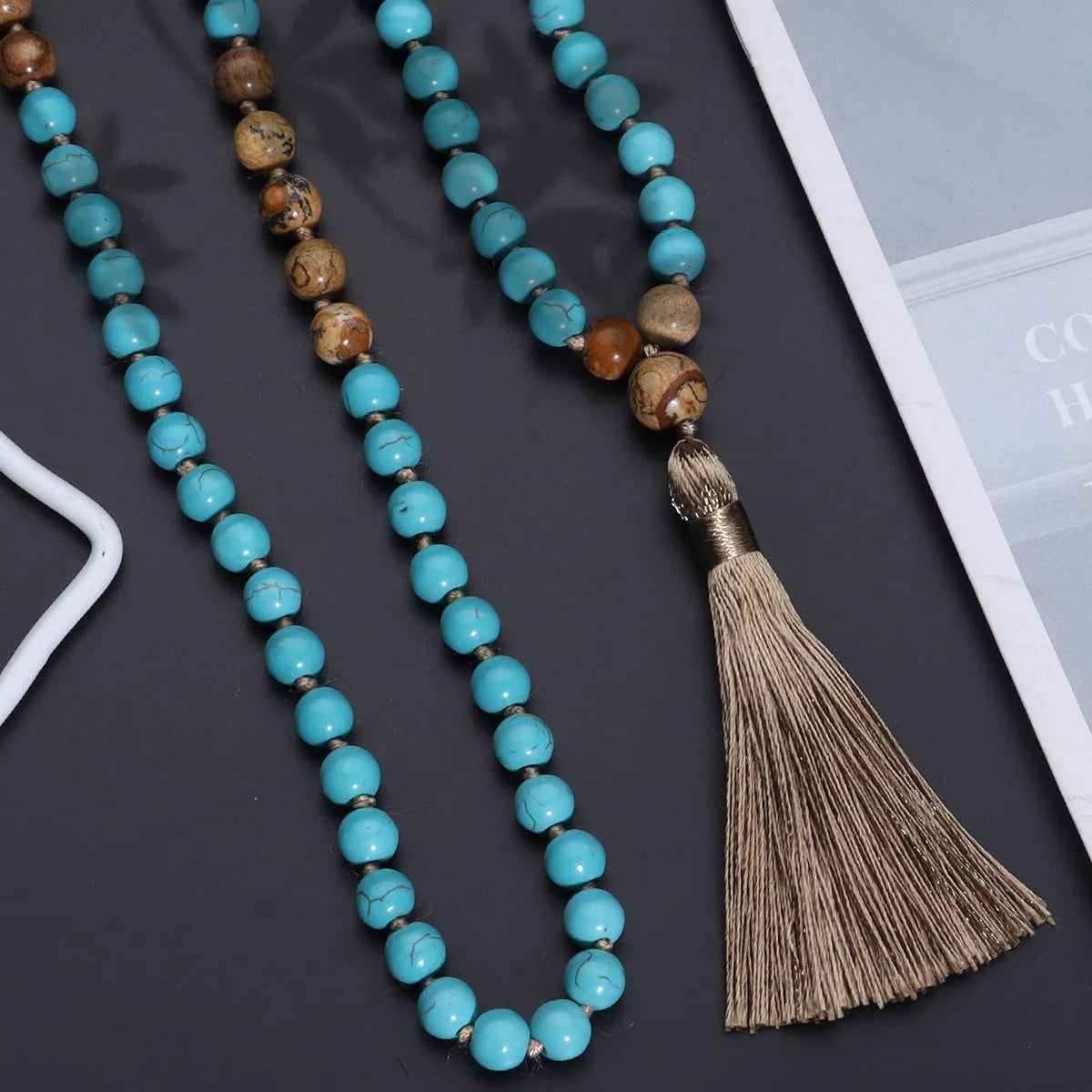Handmade blue turquoise stone mala necklace with ball beads on 81cm chain
