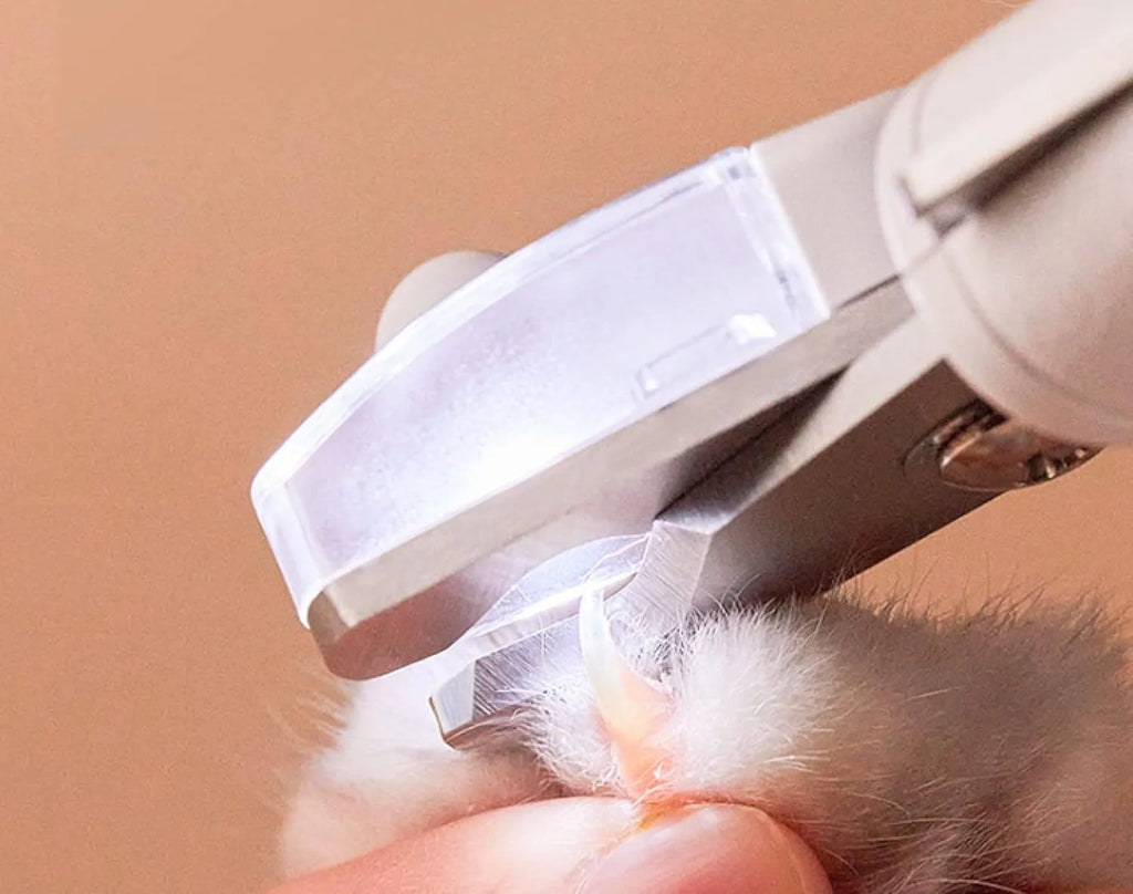 White LED pet nail clippers with transparent baffle and file, 14.8cm long