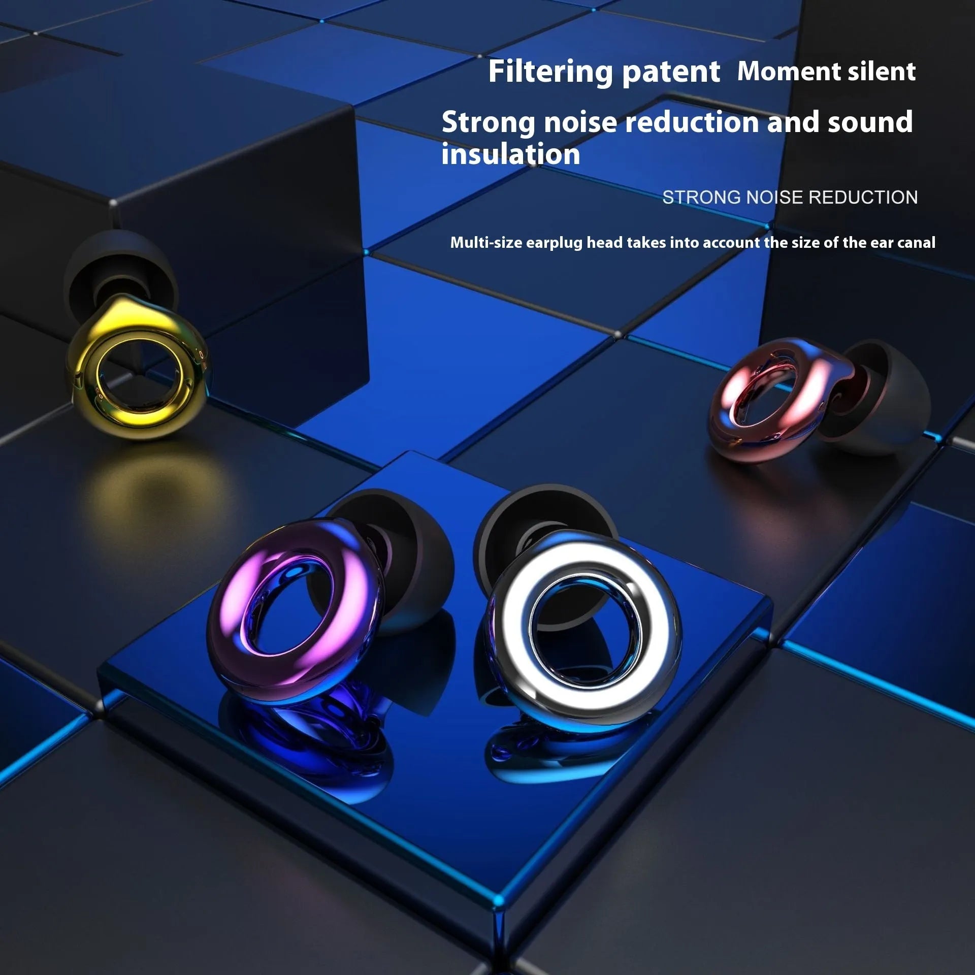 Soft silicone noise reduction earplugs in five colours with storage box and spare ear caps
