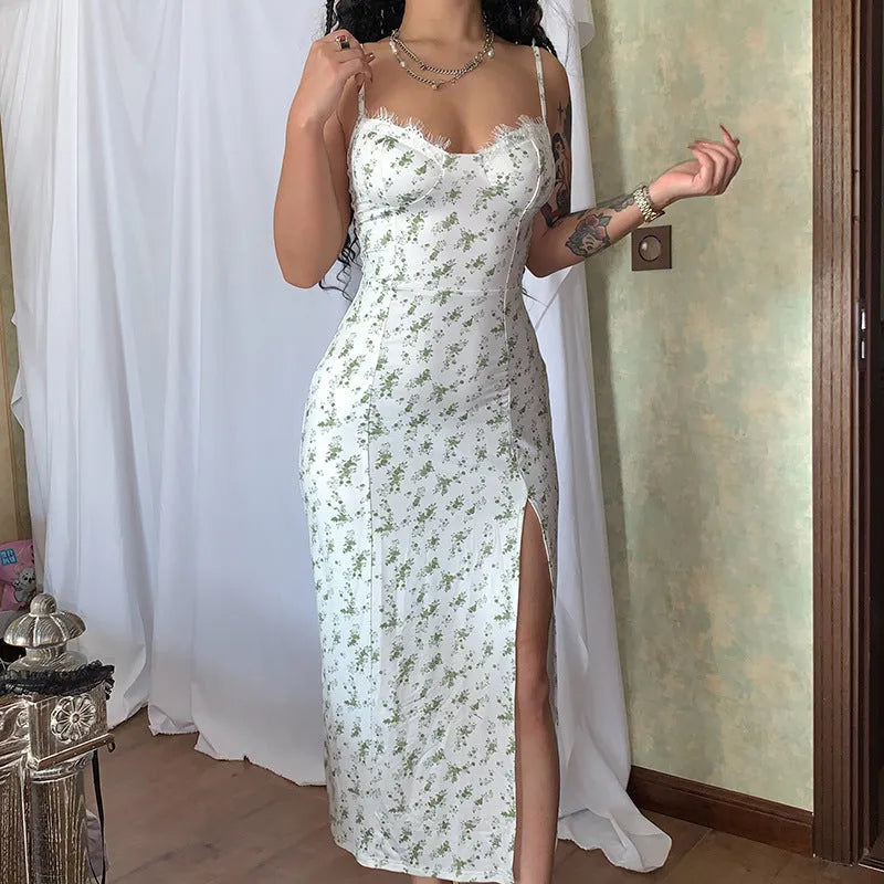 Women's lace flowers print long dress with side slit and adjustable suspender straps in blue, green, or red