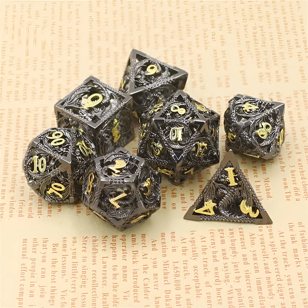 Seven-piece hollow pure copper electroplated dice set for DND and tabletop games in multi-colour options