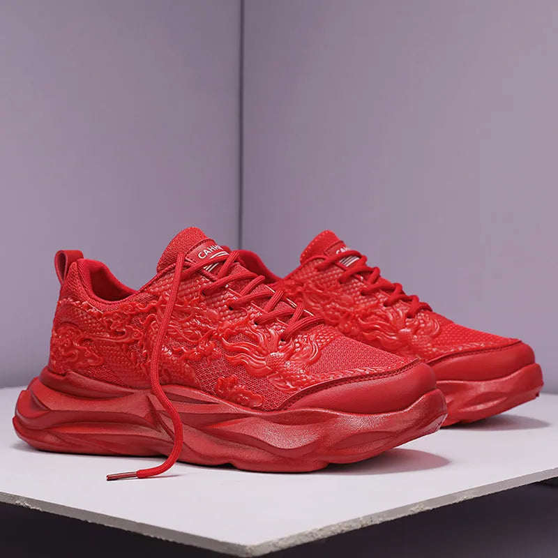 Men's casual fly knit sneakers in a Chinese dragon colour design on a rubber sole.
