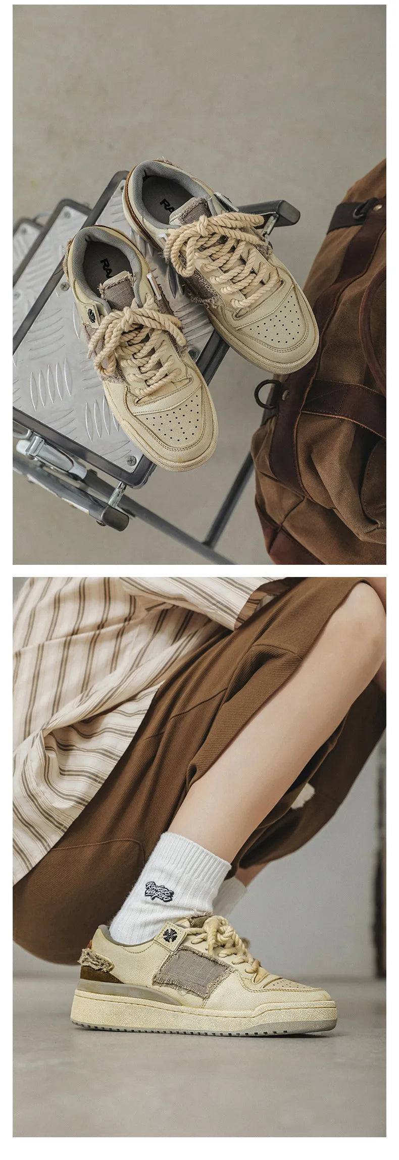 Beige low-top skateboard shoes with microfiber uppers, round toe, and lace-up closure on solid background