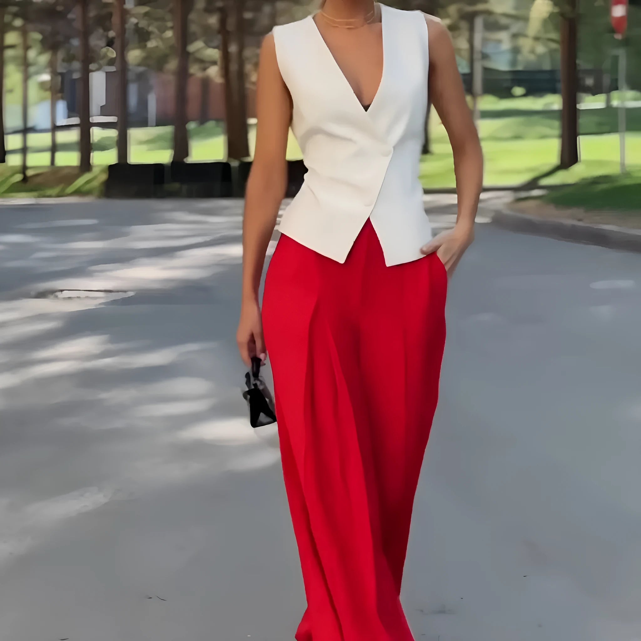 Beige women's sleeveless deep V-neck top and high-waist wide-leg trousers two-piece set on a hanger.