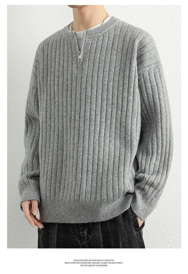 Men's grey half-zip sweater with textured knit and loose pullover design for winter
