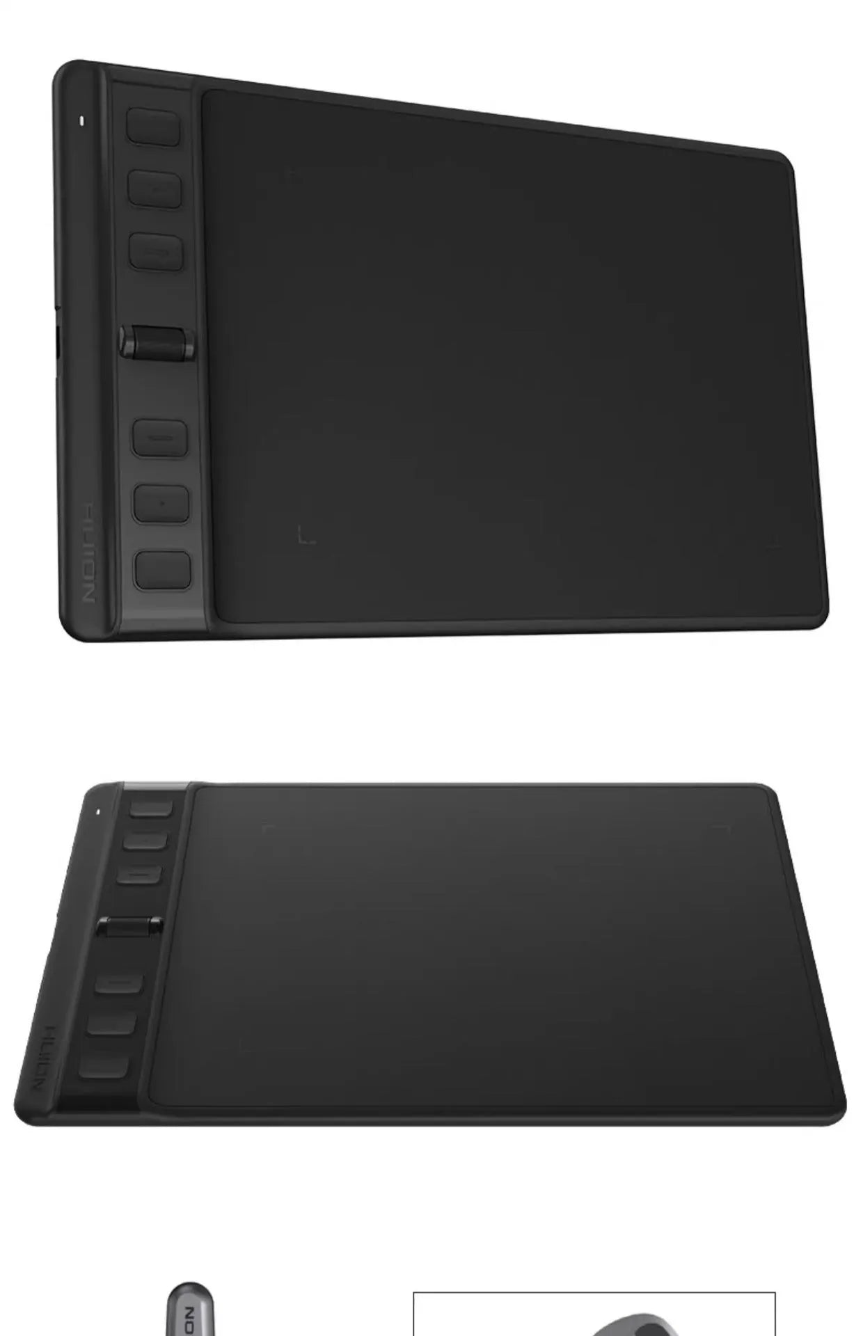 Hua Wang H641P black drawing tablet with digital pen on desk next to mobile phone