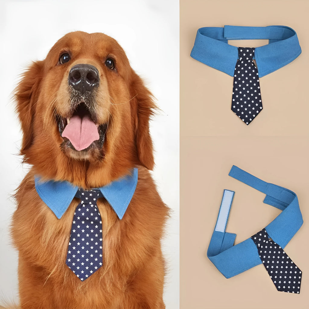 Blue denim dog collar with an adjustable fastener and a choice of bow tie or necktie in a star pattern.