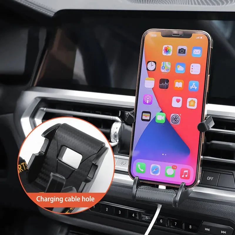 Racing seat shape car phone holder with 360-degree rotation on air vent, in gold tape colour