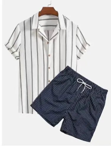 Men's light blue polyester beach suit set with short sleeve shirt and matching shorts on a hanger.