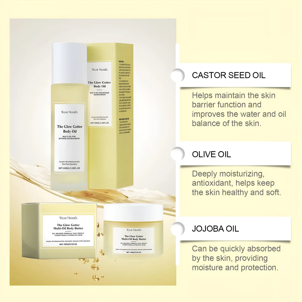 Body care skincare set with bottle of oil and jar of moisturising cream.