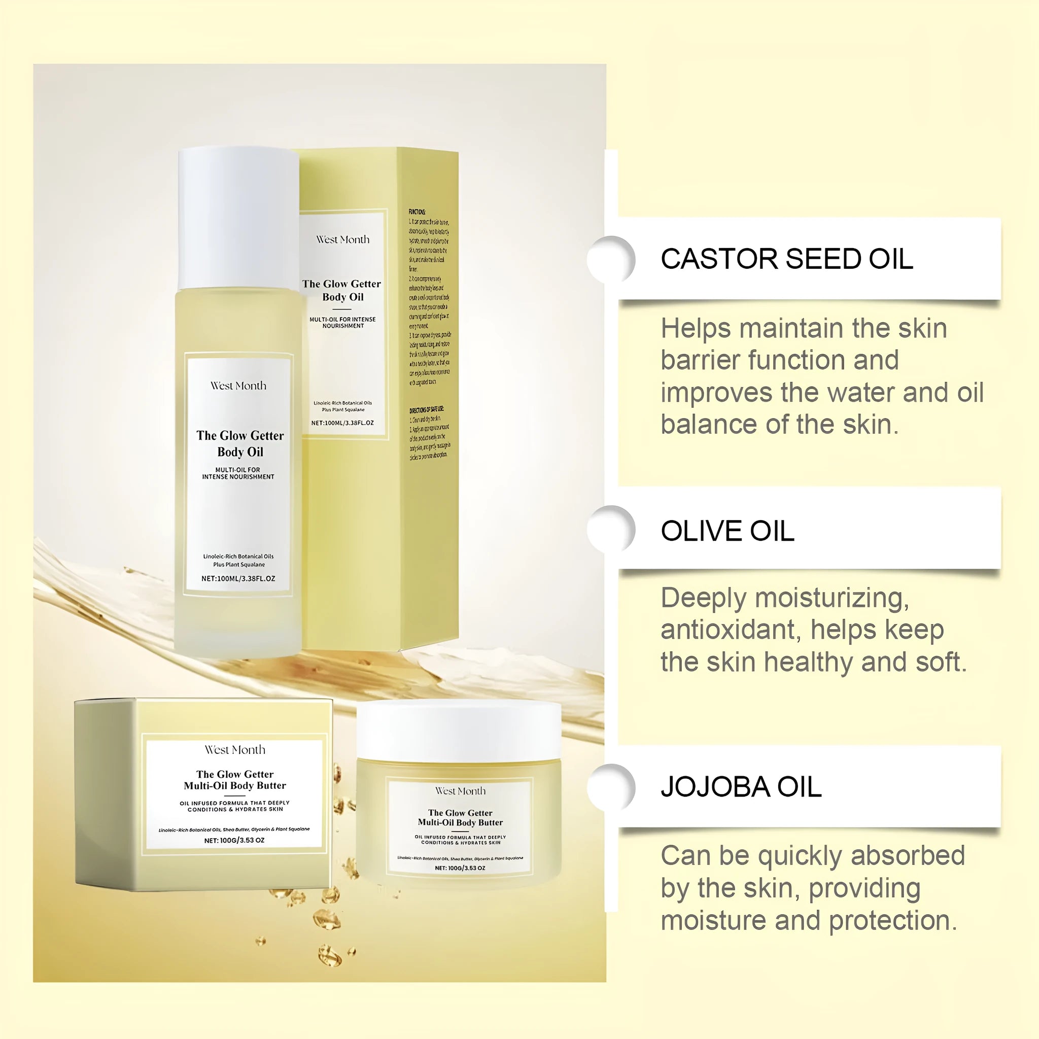 Body care skincare set with bottle of oil and jar of moisturising cream.