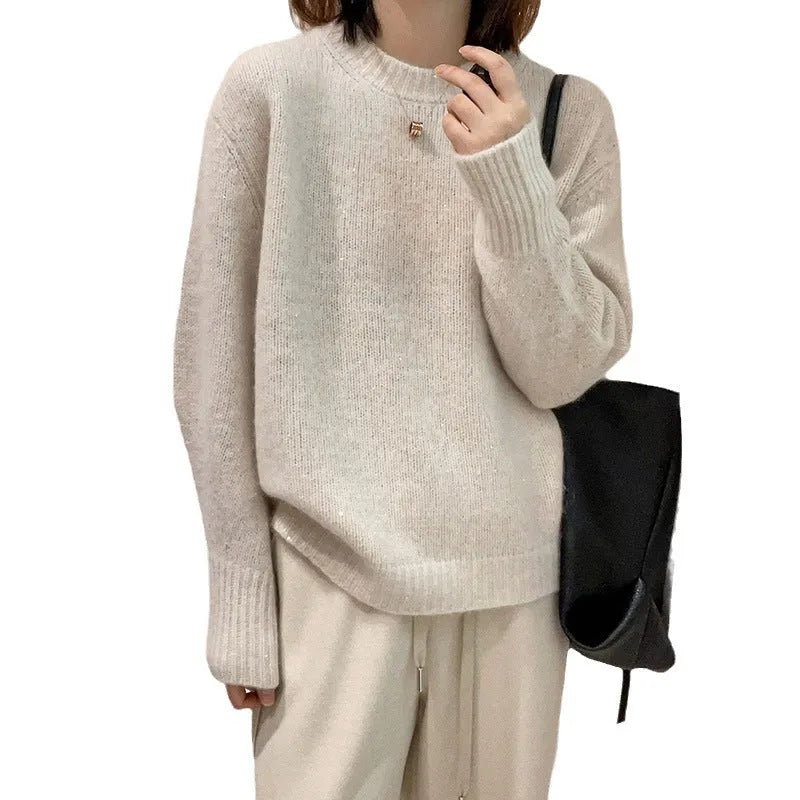 Women's long sleeve round neck pullover top in sky blue, loose fit, free size 85-135
