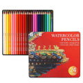 Metal tin box open to show 24 water-soluble coloured pencils in wooden casings.