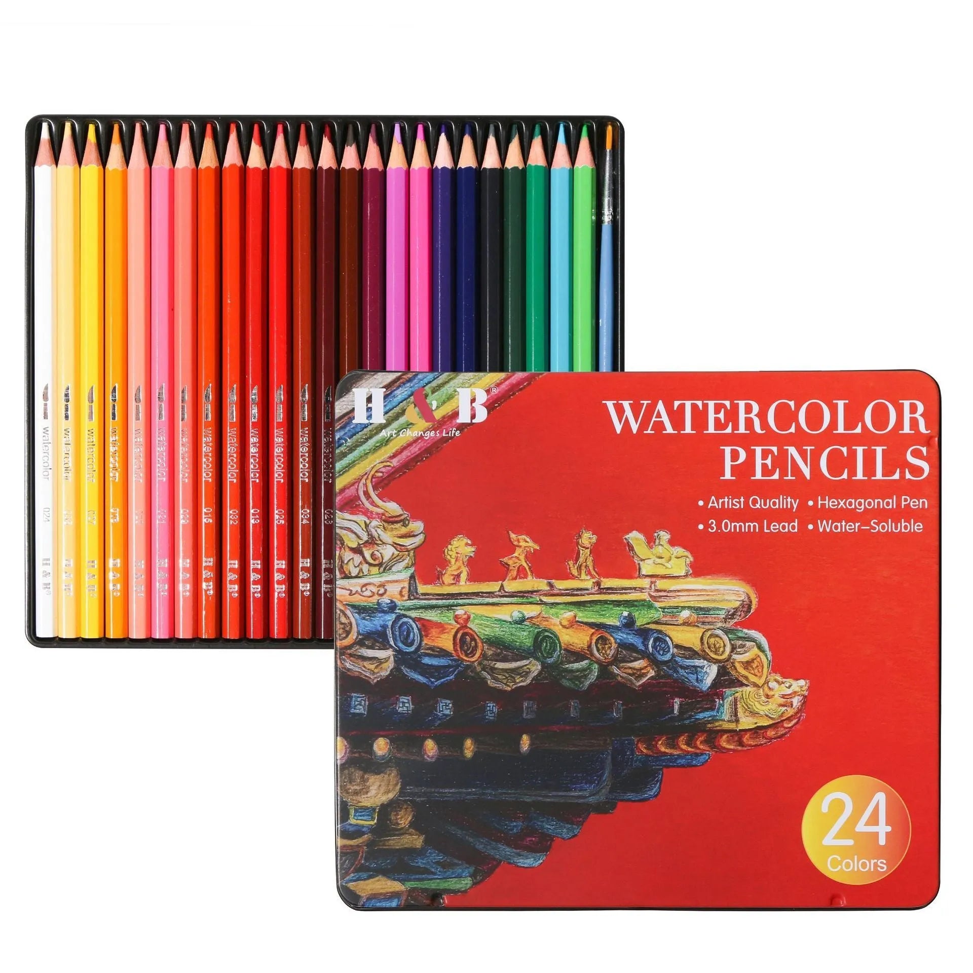 Metal tin box open to show 24 water-soluble coloured pencils in wooden casings.