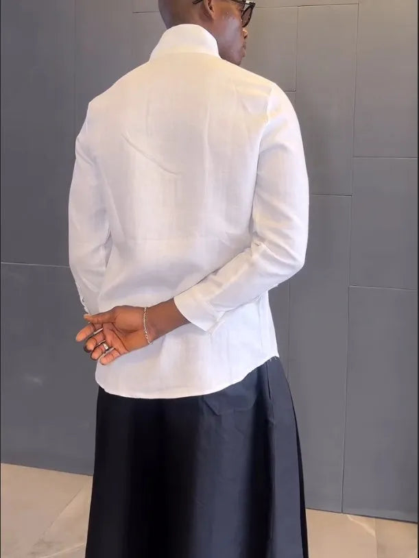 White asymmetric front long sleeve shirt with black pleated trousers casual matching set
