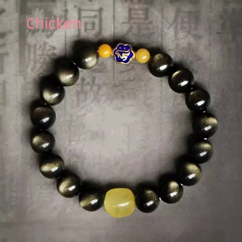 Golden obsidian bracelet with hand-carved Chinese zodiac animal beads in geometric shapes