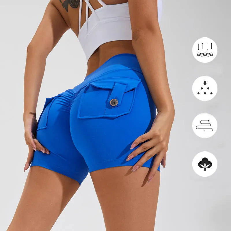 Women's high waist hip lifting shorts in avocado green with side pockets during yoga pose