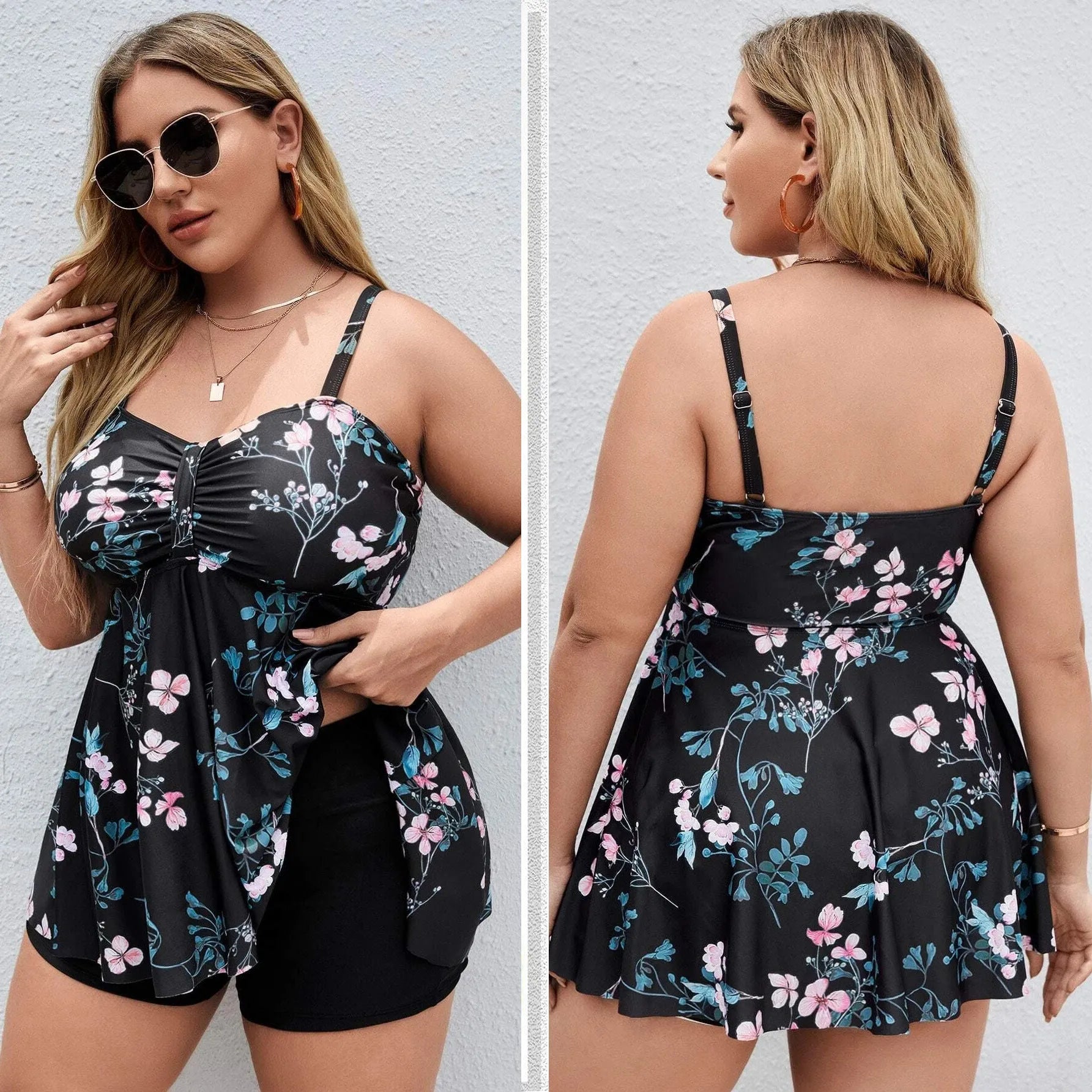 Women's one-piece swimsuit with split colour floral printing on high elasticity fabric