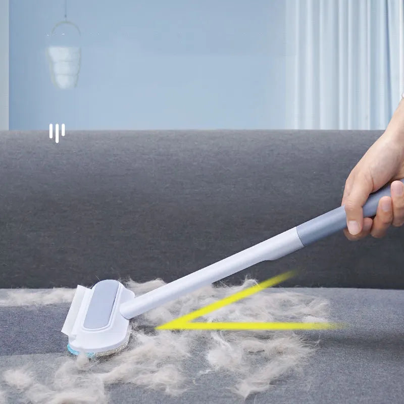 Multifunctional hair removal brush with flannel head and extension handle for cleaning pet hair, lint, and window screens.