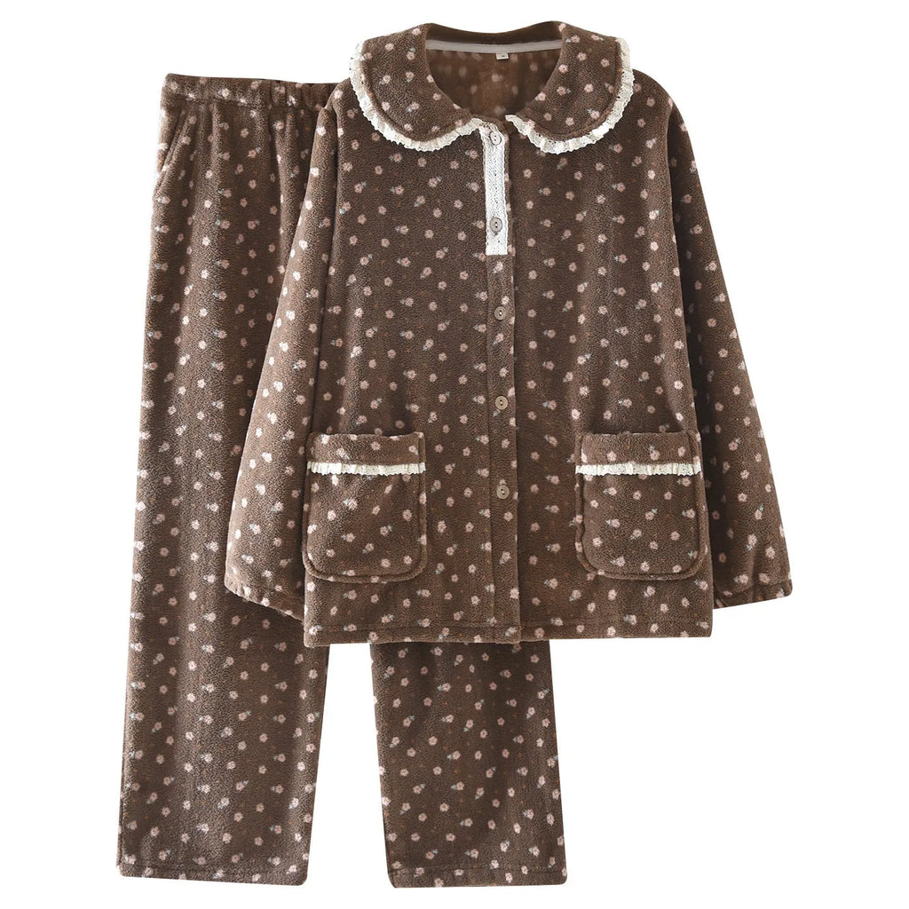 Women's jacquard velvet pyjama set in Rococo Gray, long sleeve top and trousers, size M-3XL, warm loungewear.