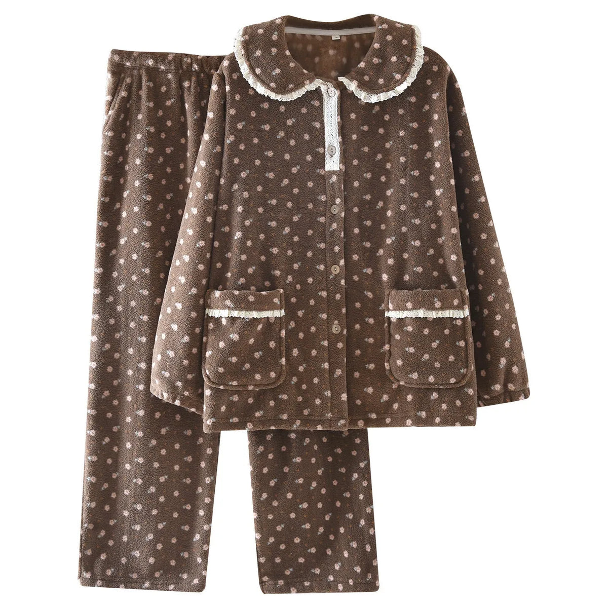 Women's jacquard velvet pyjama set in Rococo Gray, long sleeve top and trousers, size M-3XL, warm loungewear.