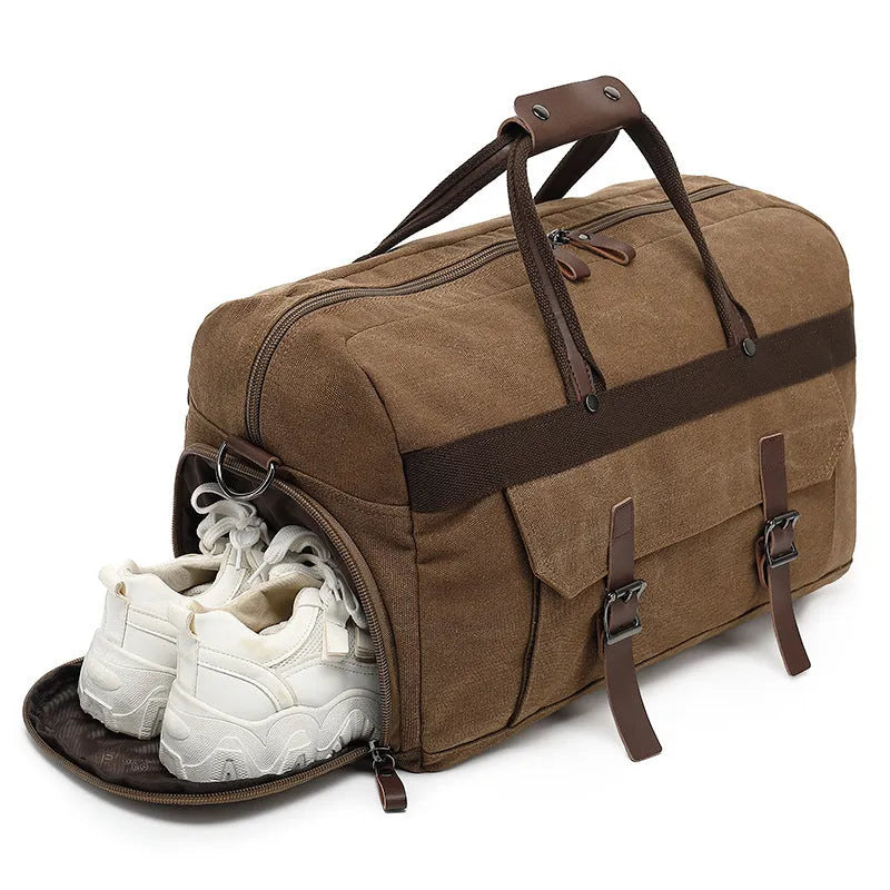 Men's canvas crossbody travel bag in retro style with 36-55 litre capacity