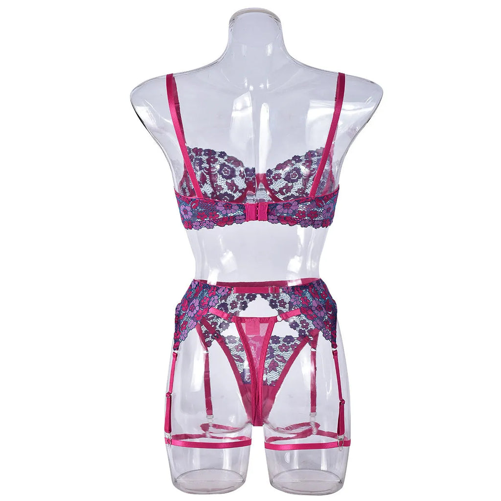 Rose red women's embroidered bikini set on a white background
