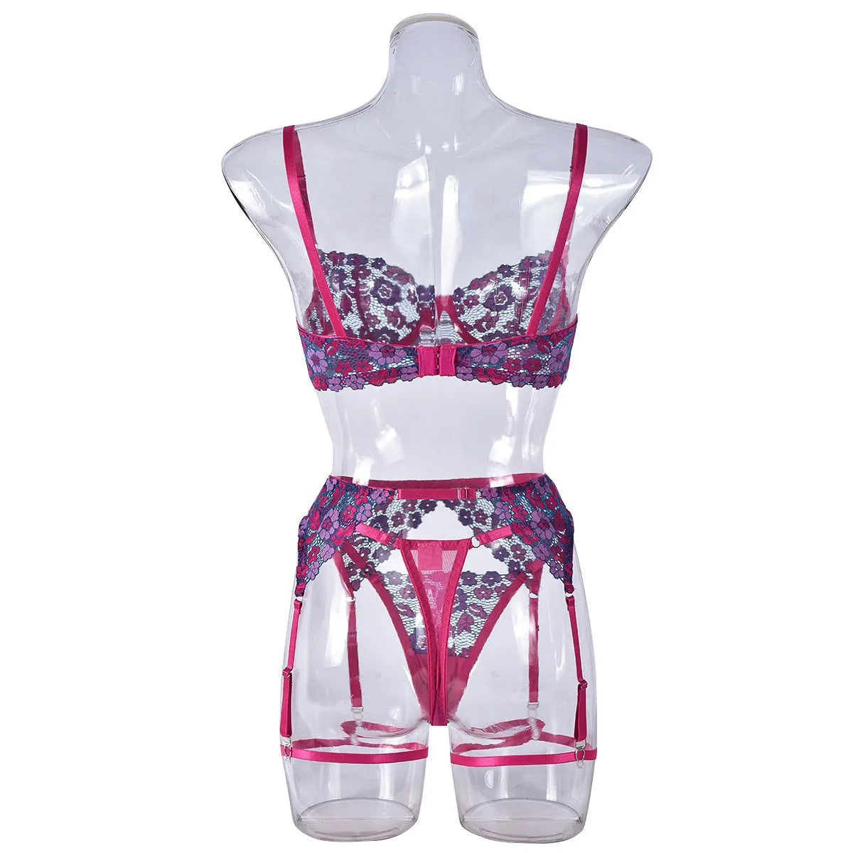 Rose red women's embroidered bikini set on a white background