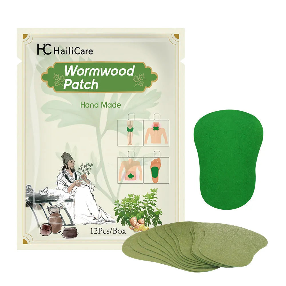 Bag containing 12 Chinese mugwort herbal patches for knee, back, neck and foot.