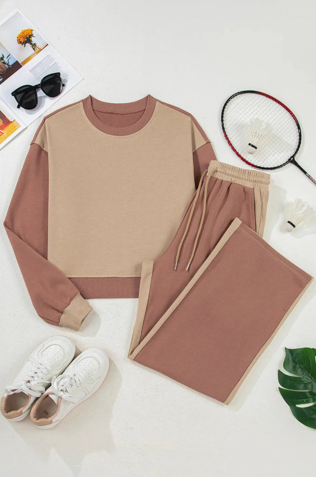 Women's camel-coloured cotton sports and leisure matching suit with top and trousers