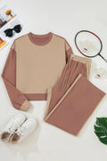 Women's camel-coloured cotton sports and leisure matching suit with top and trousers
