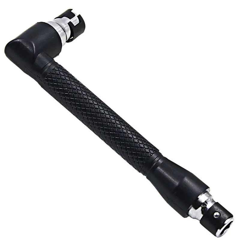 L-shaped double-headed steel socket wrench with ten hex screwdriver bits laid out.