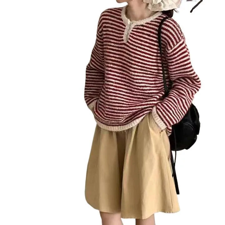 Red and blue cashmere stripe pullover sweater with Plaid pattern and loose fit
