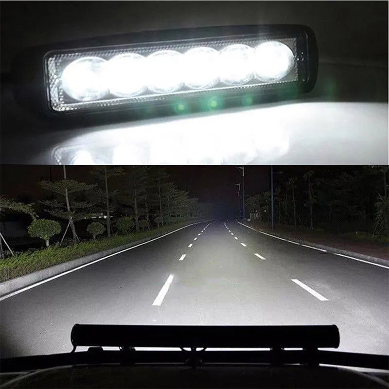 Black car auxiliary light with die-cast aluminium housing and polycarbonate cover showing six LED configuration