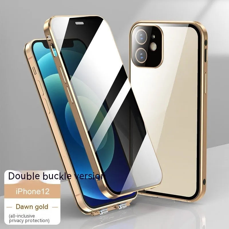 iPhone privacy glass case with double-sided buckle in multiple colour options