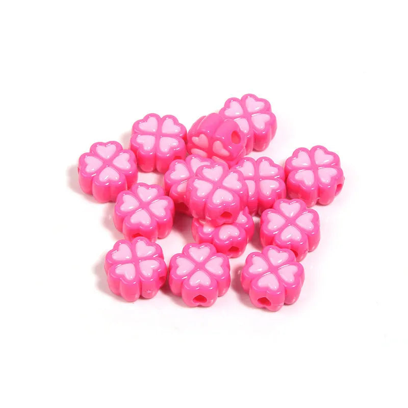 15mm frosted acrylic four-leaf clover beads in mixed colours including rose red, pink, yellow, green, blue, and purple