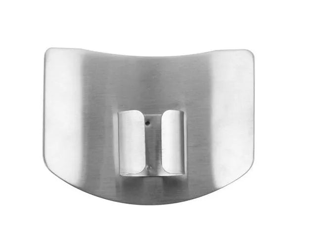 Stainless steel finger guard for kitchen safety shown in single and double finger sizes on a cutting board.