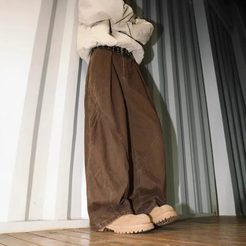 Men's pleated straight-leg trousers in striped pattern with micro-elasticity, available in apricot, black, and brown colours.