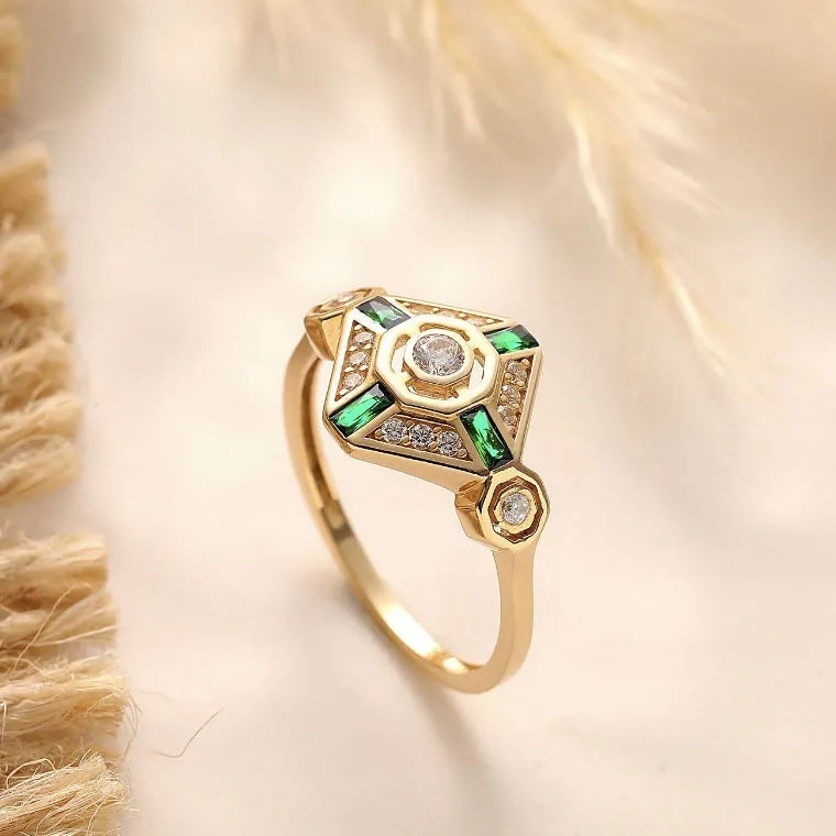 Geometric square women's ring with electroplated lvzuan colour finish showing clean lines and angles