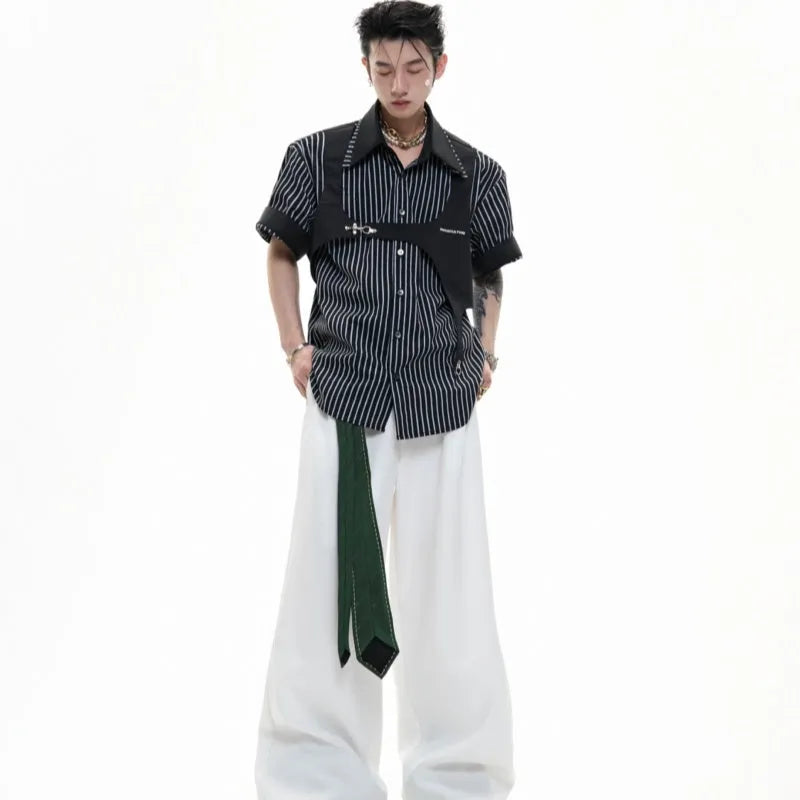 Men's black and white striped cotton shirt with double collar design and short sleeves, shown in loose fit