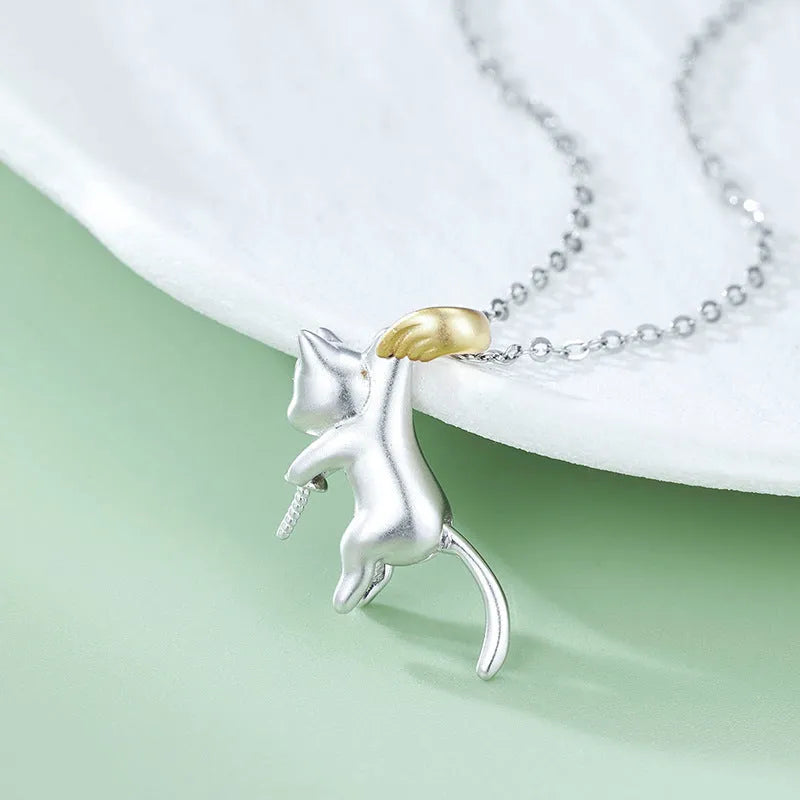 925 sterling silver clavicle chain with cat charm and electroplated finish, showing pearl bead option