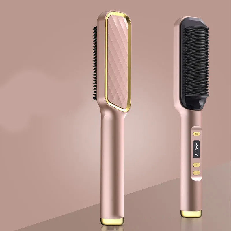 Gold professional electric hair straightener brush with ceramic heating plates and multiple heat settings.