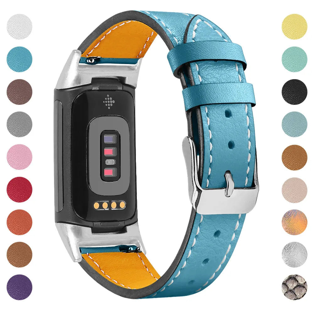 Genuine leather strap for Fitbit Charge5 and Charge6 in multiple colours, adjustable 5.5-8.1 inch length