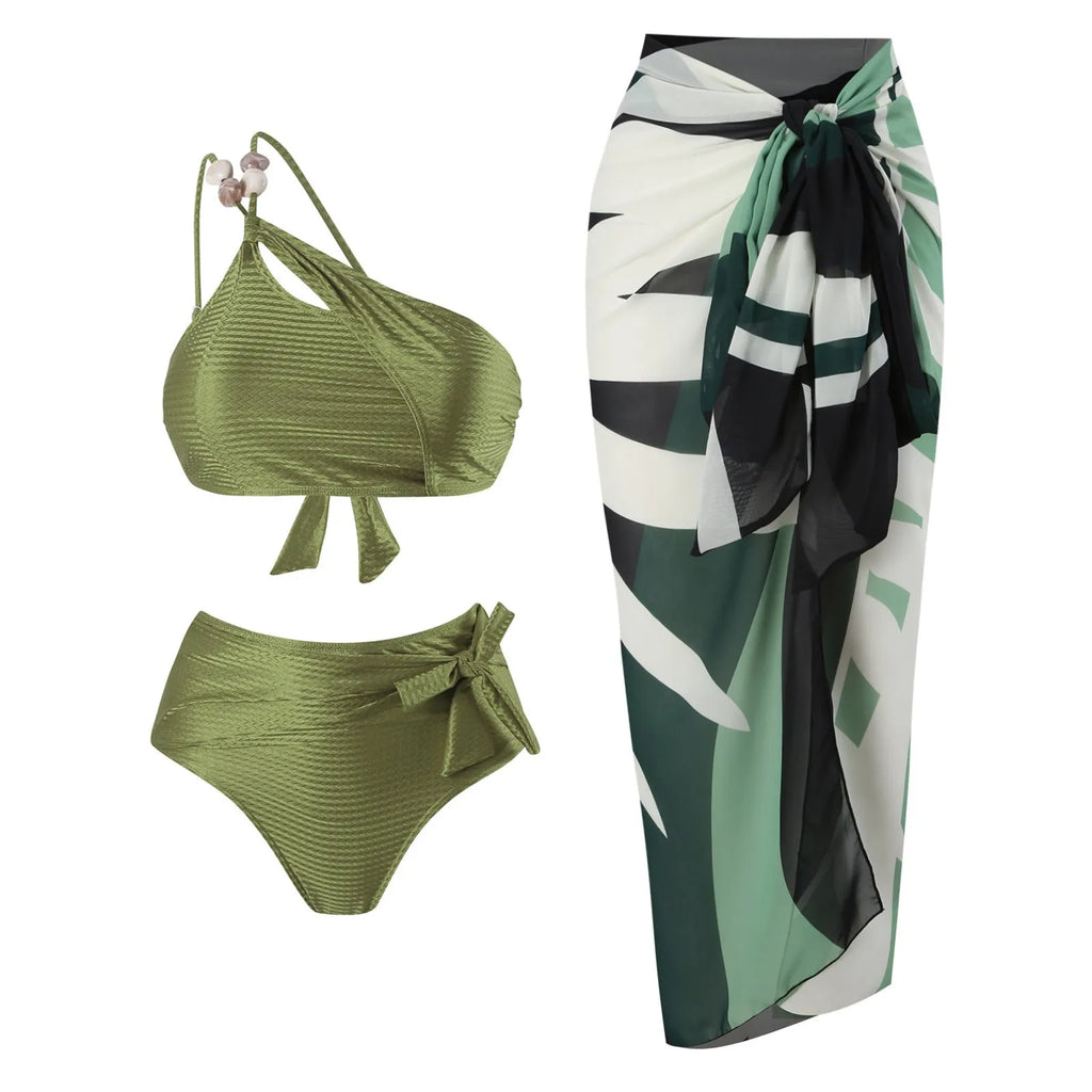 Brown high waisted women's push up bikini swimsuit with chiffon skirt overlay and split design.