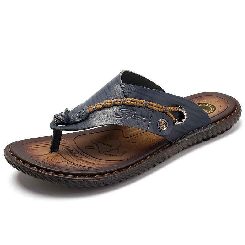 Men's black PU leather non-slip slippers showing sole traction pattern and casual design
