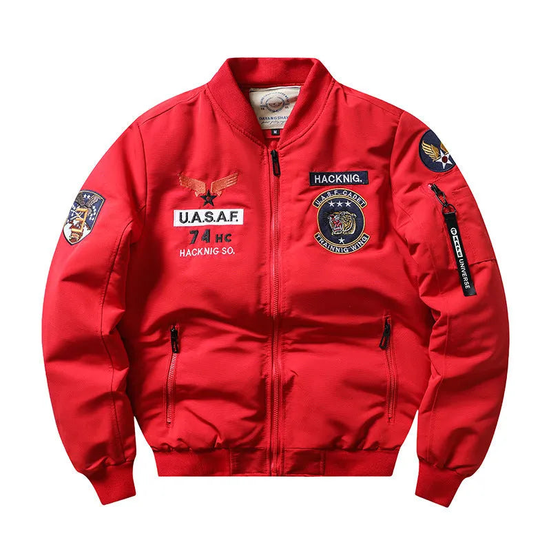 Slim-fit stand collar motorcycle coat with retro embroidery detailing on chest, showing patch pockets and cotton-padded construction