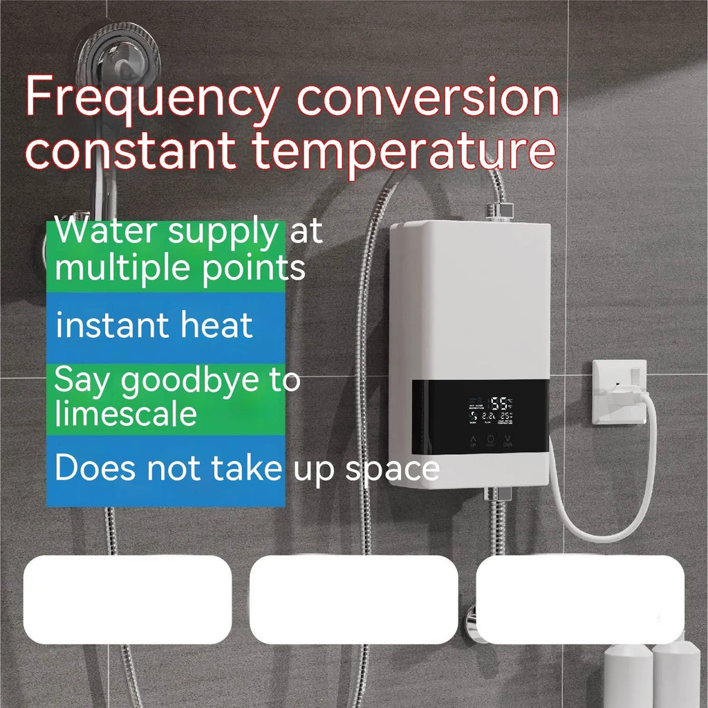 Household quick-heating water heater in gold, silver, or white with touch remote control and adjustable temperature display