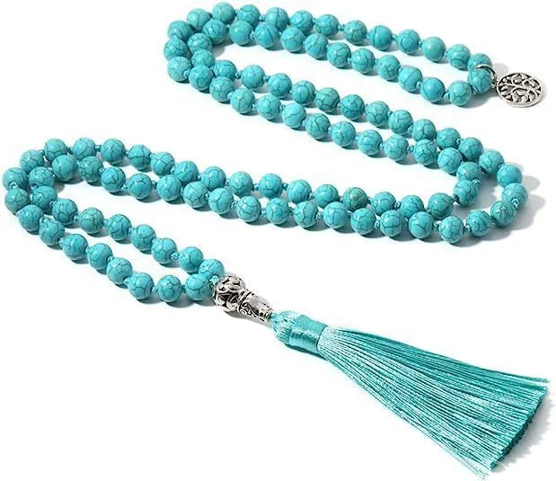 Handmade knotted beaded necklace with 108 stone pendants showing colour variations