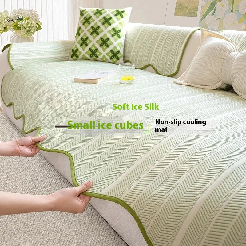 Special-shaped sofa cover in Ice Silk fabric with non-slip design, shown in Cloud Gray colour on a sofa