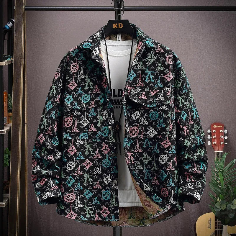 Personality casual lapel shirt coat in colour 526 black with long sleeves and straight hem, size 2XL for 70.00-77.50 kg